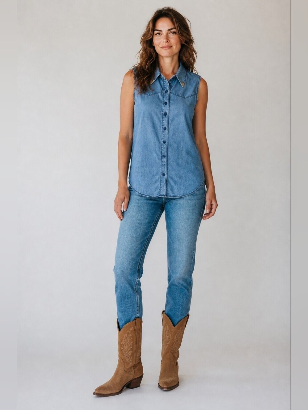 Love & Legend Womens Sleeveless Denim Western Shirt Collar Tip Blue Size 16 Tier